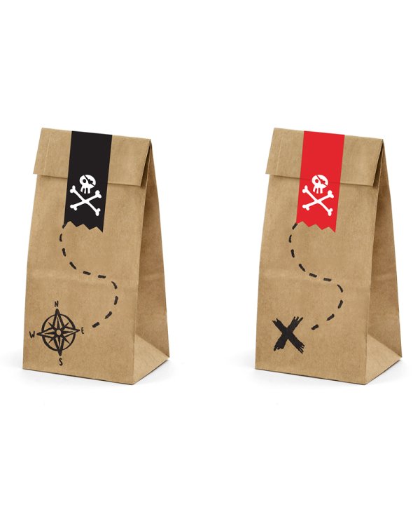 Treat bags Pirates Part, kraft, 8x18x6cm (1 pkt / 6 pc.)