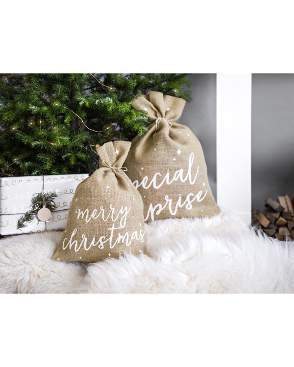 Jute sack Merry Christmas, white, 30x42cm