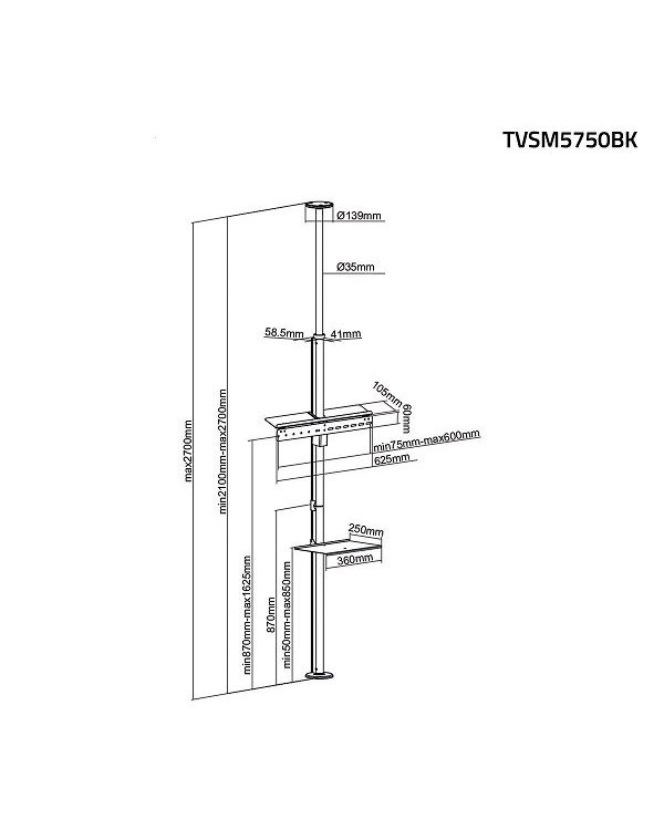 Nedis TVSM5750BK Профессиональное ТВ крепление от пола до потолка для ТВ 37-70"