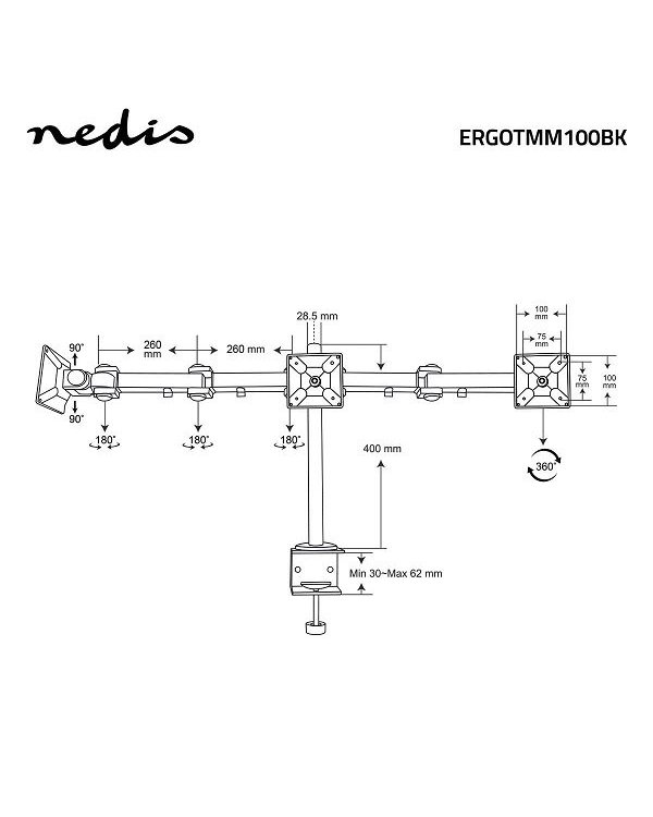 Nedis ERGOTMM100BK Настольное крепление для 3 мониторов до 14-24 "