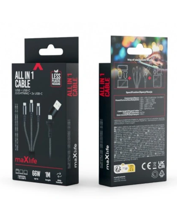 Maxlife ALLin1 66W USB / USB-C / Lightning / 2x USB-C кабель 1m