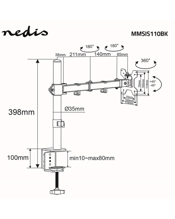 NEDIS MMSIS110BK Настольное Крепление для Монитора 15–32"| VESA 75 x 75 / 100 x 100 | 8 kg