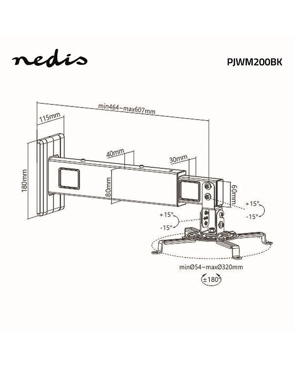 Nedis PJWM200BK Настенное крепление для проектора 360 ° / Max 15kg / 54-320 mm