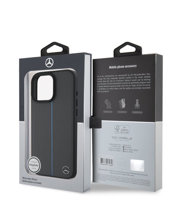 Mercedes Leather Blue Stripe MagSafe Case Чехол для Apple iPhone 16 Pro