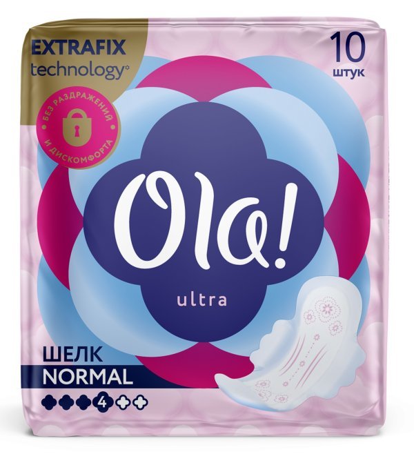Прокладки впитывающие Ola! "Ultra Normal", гигиенические женские, шелковистая поверхность, ультратонкие с крылышками, 4 капли, 10 штук