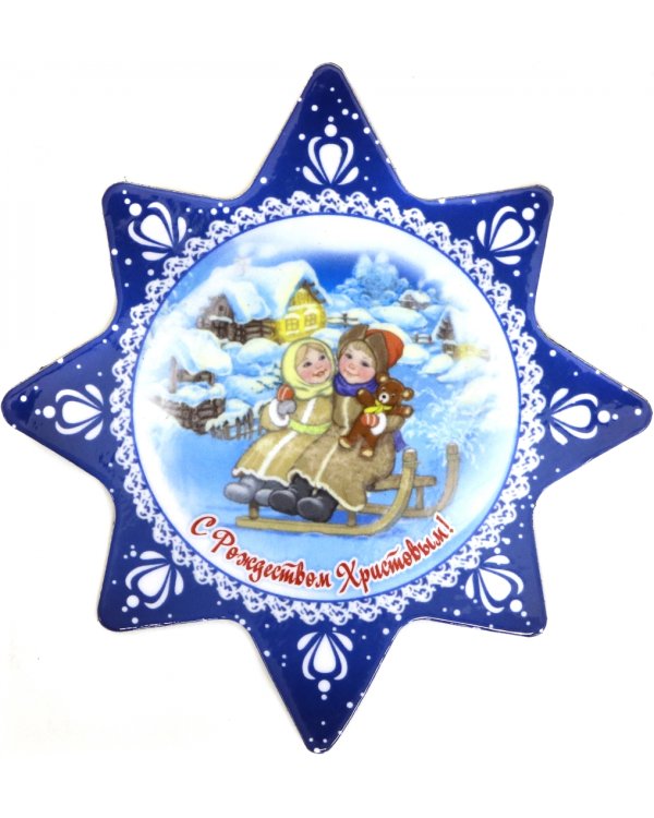 Магнит на картоне "С Рождеством Христовым! Дети на санках", 90х95 мм