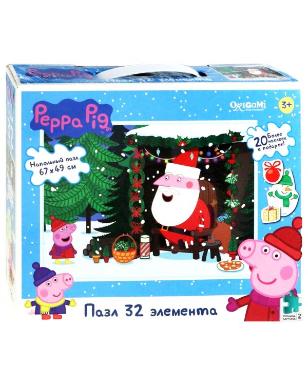 Пазл. Peppa Pig. Зима. Встреча с Дедом Морозом, 32 элемента + наклейки