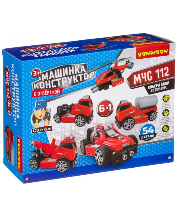 Машинка-конструктор с отверткой 6 в 1. МЧС, красная