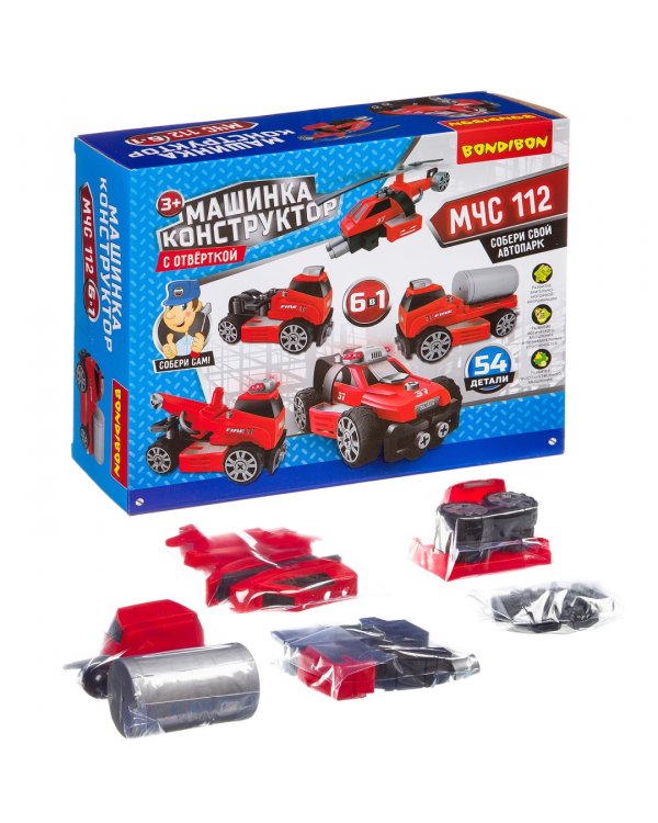 Машинка-конструктор с отверткой 6 в 1. МЧС, красная