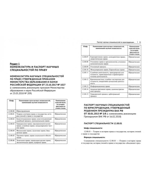Номенклатура и Паспорт научных специальностей по юриспруденции