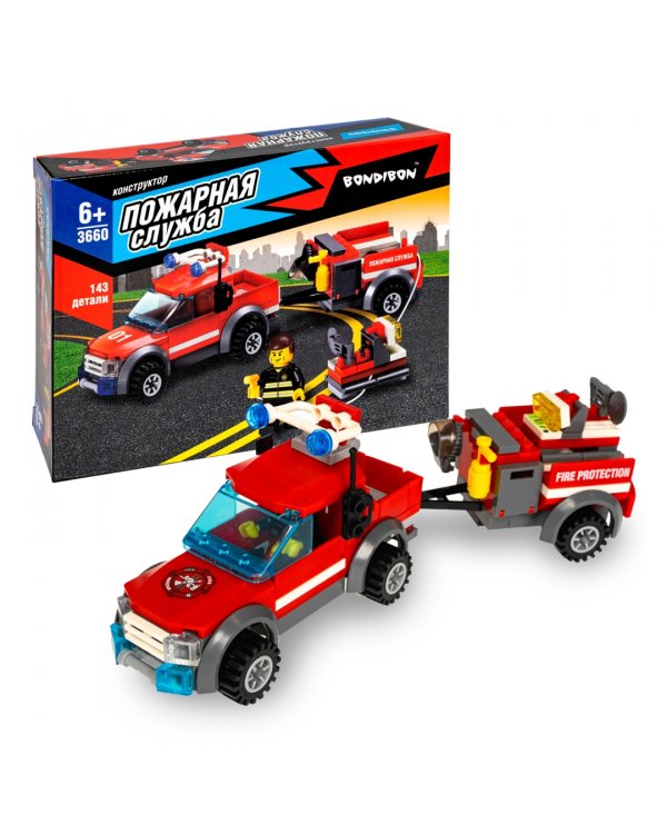 Конструктор. Пожарная Служба. Машина с прицепом, 143 детали