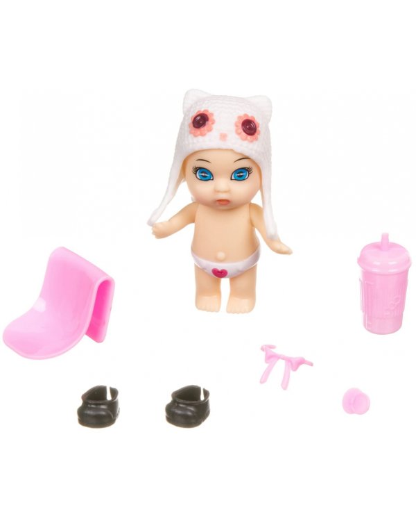 Куколка OLY в шапочке-ушанке с животным и аксессуарами в поильнике, девочка