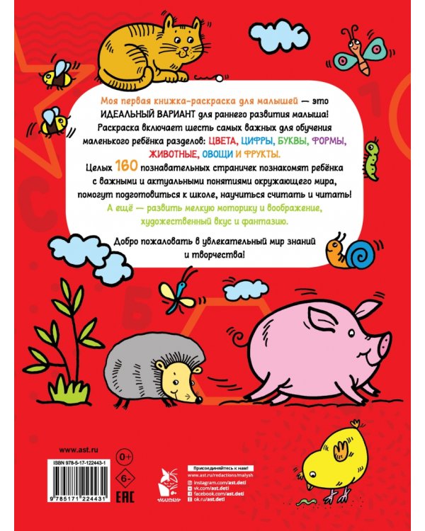 Моя первая книжка-раскраска для малышей. Цифры, буквы, формы, цвета и животные