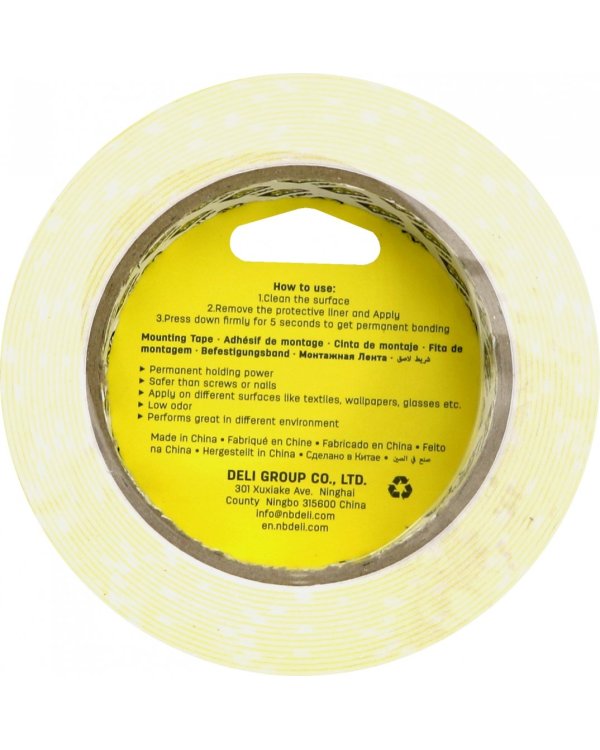 Клейкая лента монтажная двусторонняя "Deli", цвет: белый, 25,4 мм x 5 м, арт. EA35113