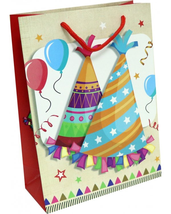 Пакет подарочный "С Днем Рождения! Разноцветные колпачки", 18х24х8,5 см