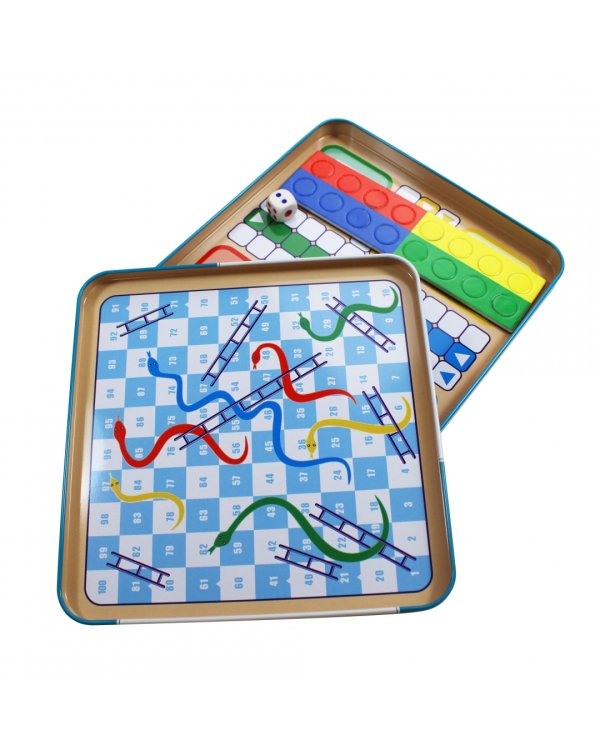 Игра настольная "Волшебные колпачки. Лестницы и змейки" (жестяная коробочка)