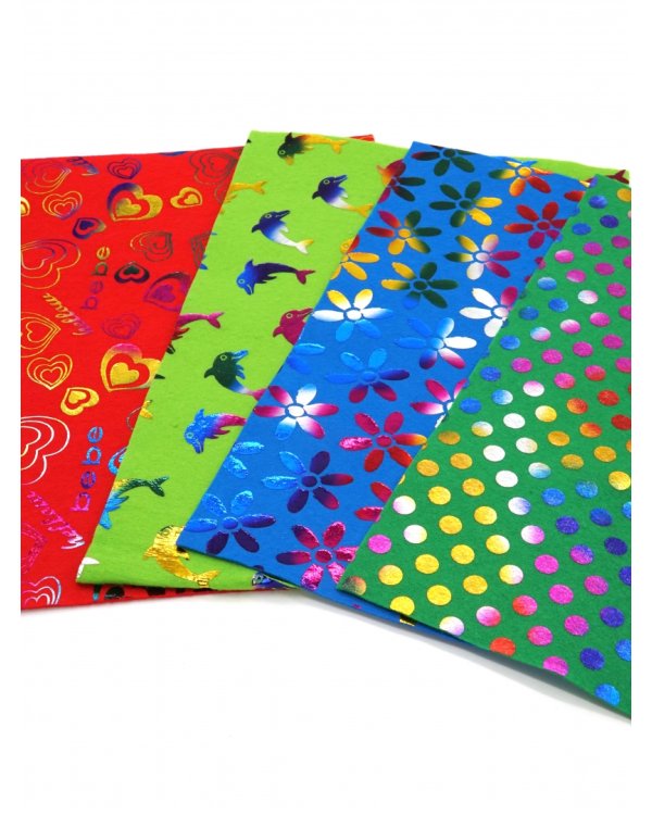 Фетр цветной с тиснением фольгой. Ассорти №4, 4 листа, 4 цвета