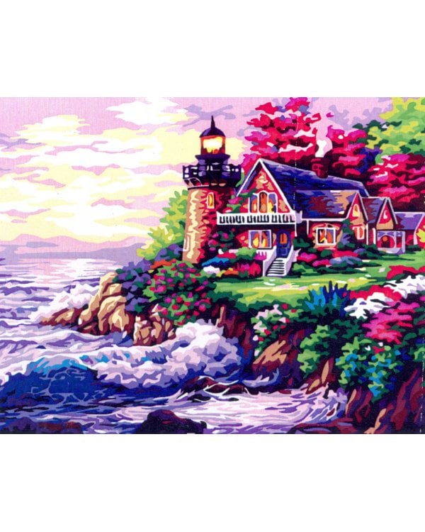 Картина по номерам на холсте. Домик с маяком у моря
