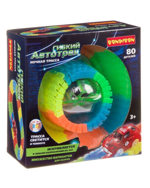 Гибкий автотрек со светящейся трассой и машинкой. Ночная трасса, 80 деталей