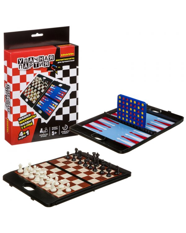 4 игры в 1. Удачная партия. Шахматы, шашки, нарды, 5 в ряд
