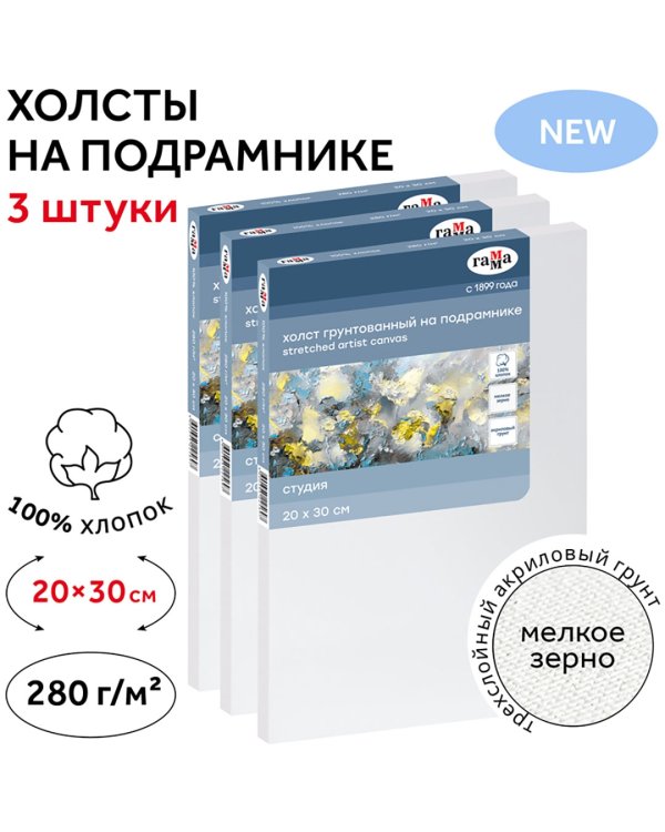 Набор холстов на подрамнике Студия, 20х30 см, 3 штуки
