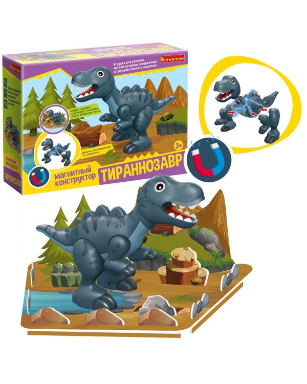 Конструктор магнитный. Тираннозавр, с 3D подставкой-пазлом