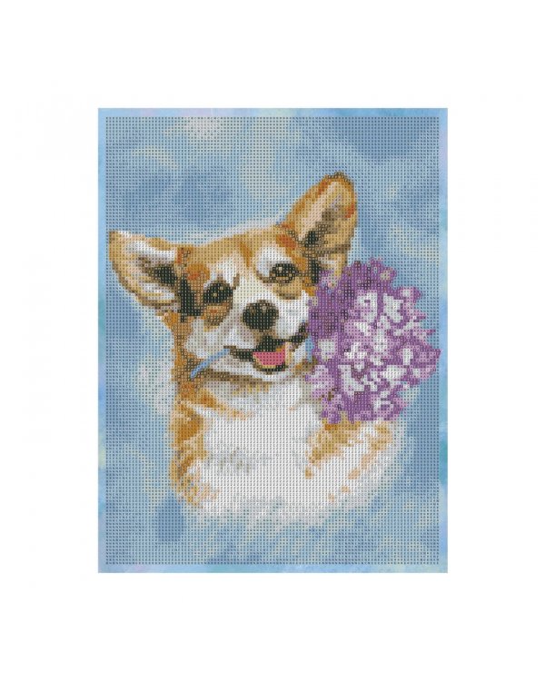 Алмазная мозаика Корги с сиренью, 30х40, с подрамником