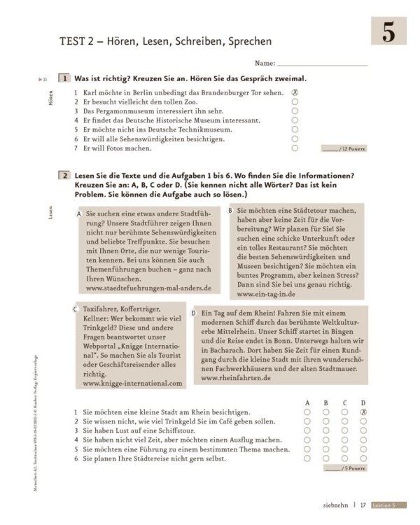 Menschen A2. Testtrainer mit Audio-CD. Kopiervorlage. Deutsch als Fremdsprache