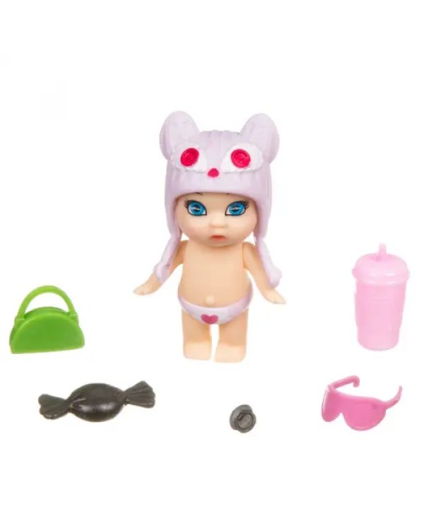 Куколка OLY в шапочке-ушанке с животным и аксессуарами в банке