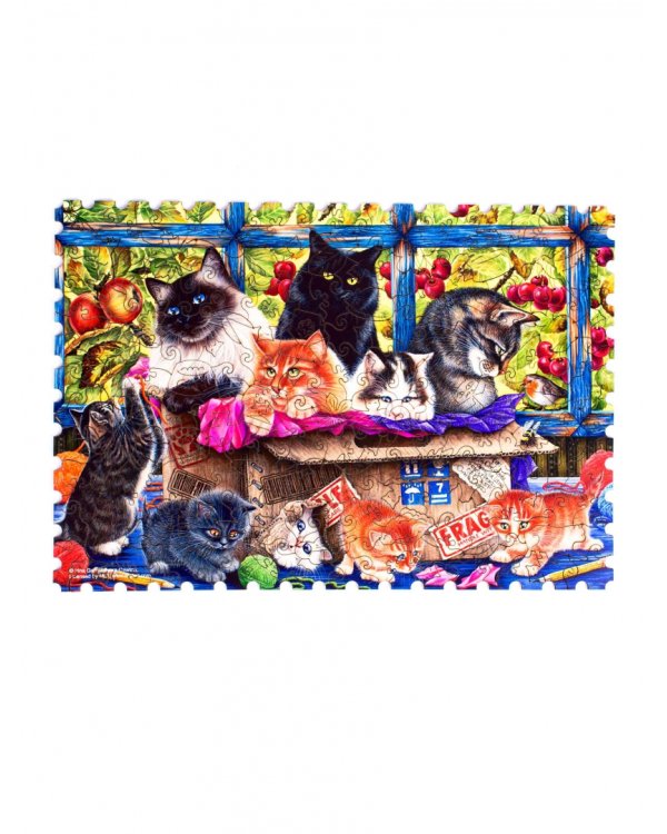 Деревянный пазл с двухслойной крышкой Кошки в коробке, 106 деталей