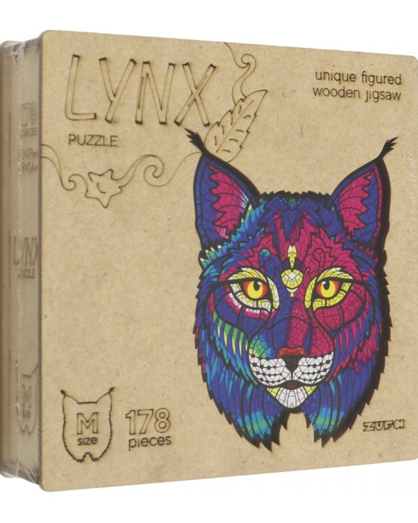 Деревянный пазл с двухслойной крышкой Рысь, 178 деталей