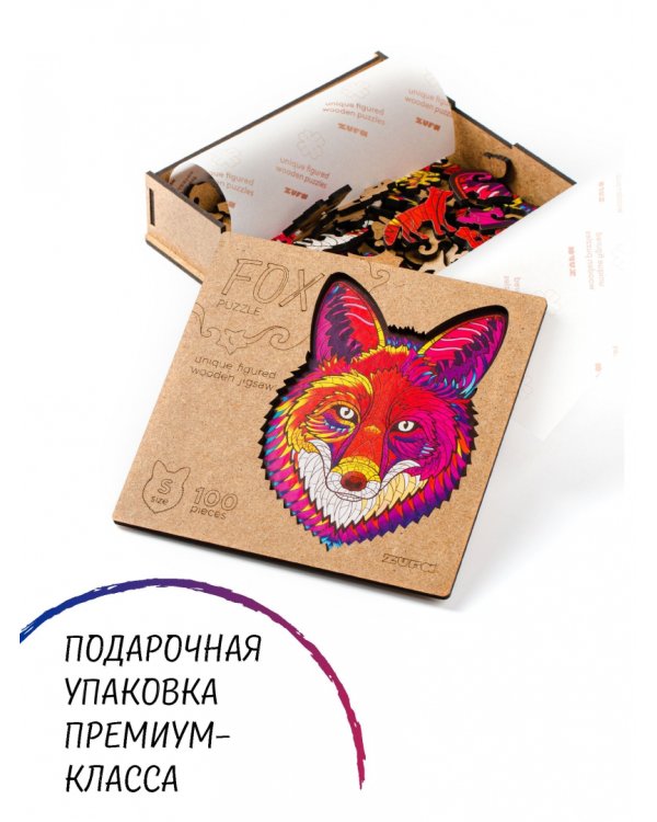 Деревянный пазл с двухслойной крышкой Лиса, 100 деталей