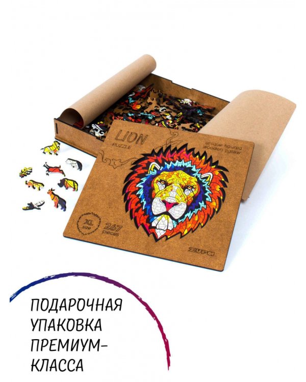 Деревянный пазл с двухслойной крышкой Лев, 301 деталь