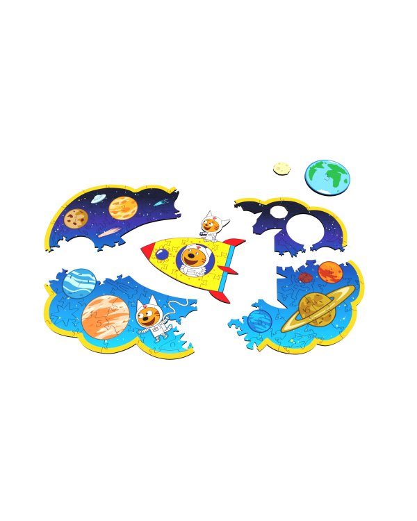 Деревянный фигурный пазл Три кота. Космос, 85 деталей