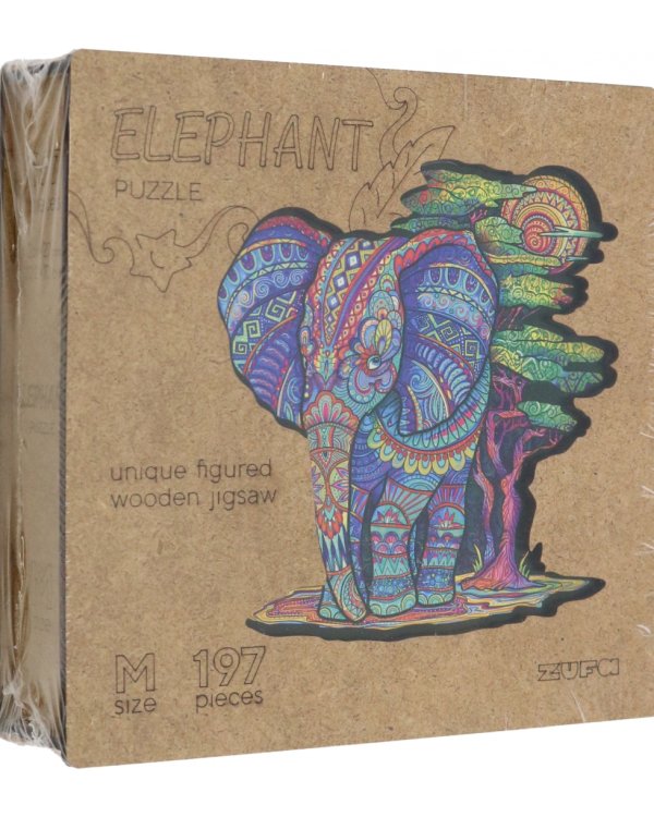 Деревянный пазл с двухслойной крышкой Слон, 197 деталей