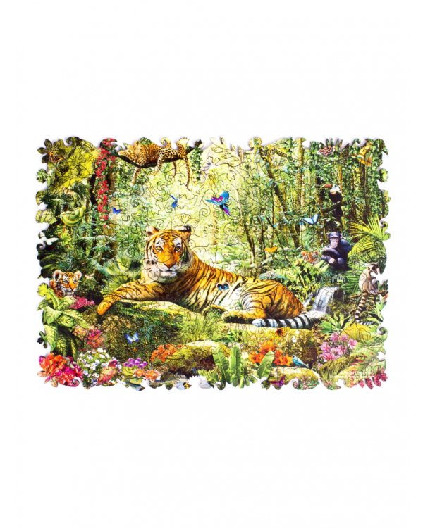 Деревянный пазл с двухслойной крышкой Тигр в джунглях, 174 детали