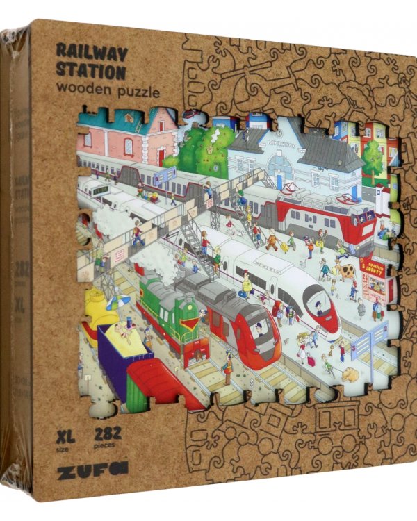 Деревянный пазл с двухслойной крышкой Железнодорожная станция, 282 детали