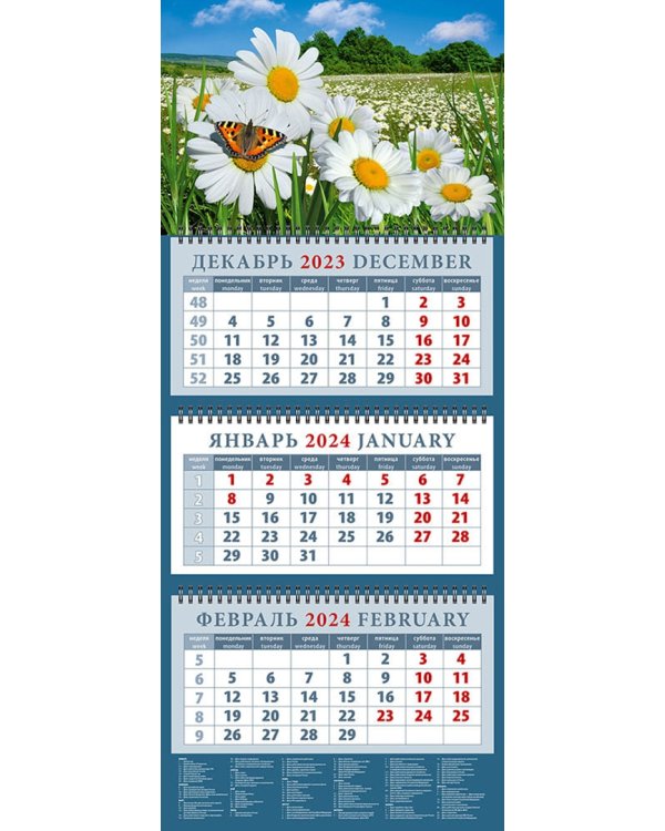 Календарь на 2024 год Пейзаж с ромашками и бабочкой
