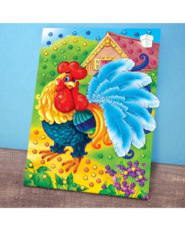 Аппликации перьями и стразами Петушок