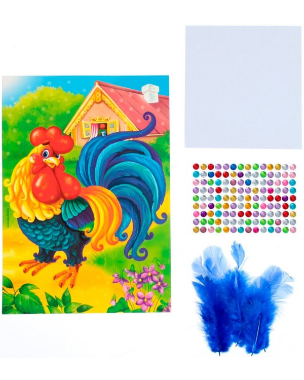 Аппликации перьями и стразами Петушок