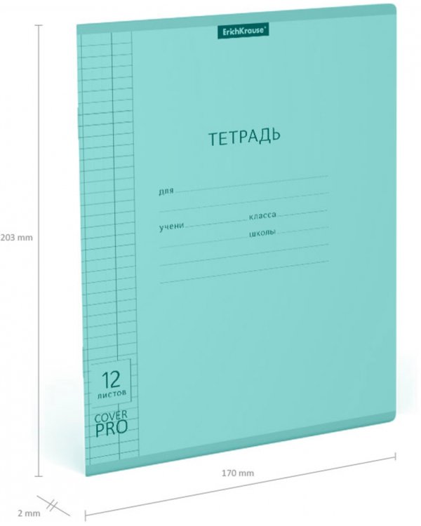 Тетрадь Классика CoverPrо Pastel, А5+, 12 листов, клетка, с пластиковой обложкой, мятный