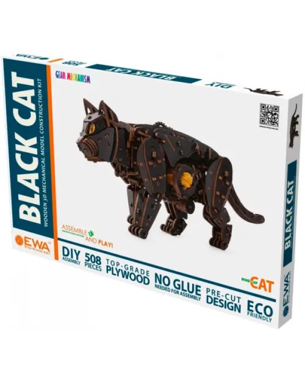 Сборная модель деревянная 3D Механический Черный Кот. Кошка