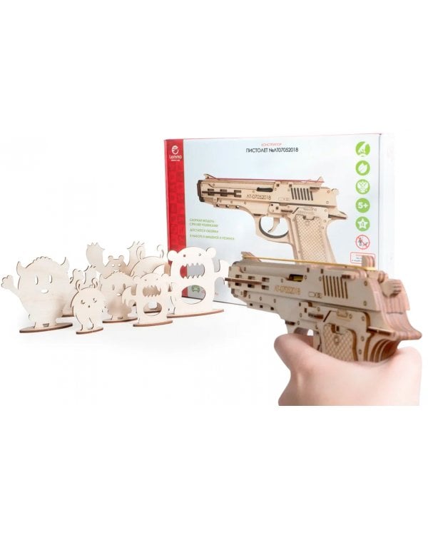 Конструктор 3D деревянный. Пистолет-резинкострел с мишенями