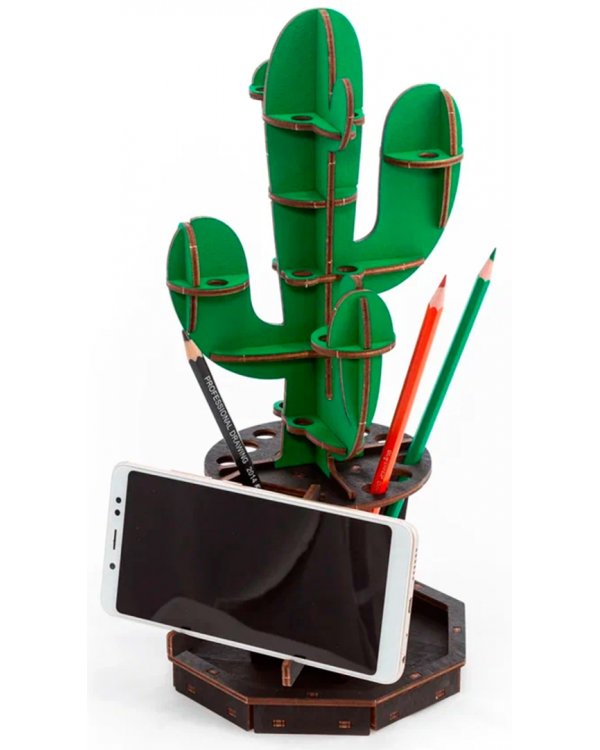Настольный органайзер Кактус, зеленый. Сборная деревянная модель