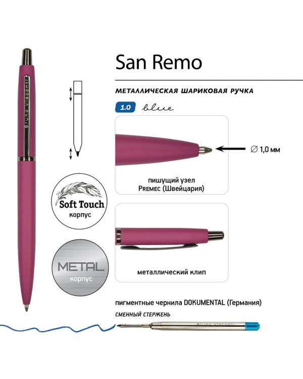 Ручка шариковая автоматическая San Remo, синяя, цвет корпуса бордовый, в футляре