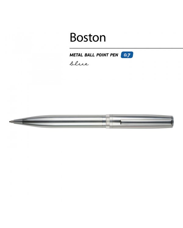 Ручка шариковая автоматическая Boston, синяя, цвет корпуса серебряный