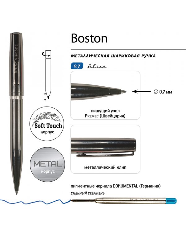 Ручка шариковая автоматическая Boston, синяя, цвет корпуса вороненая сталь