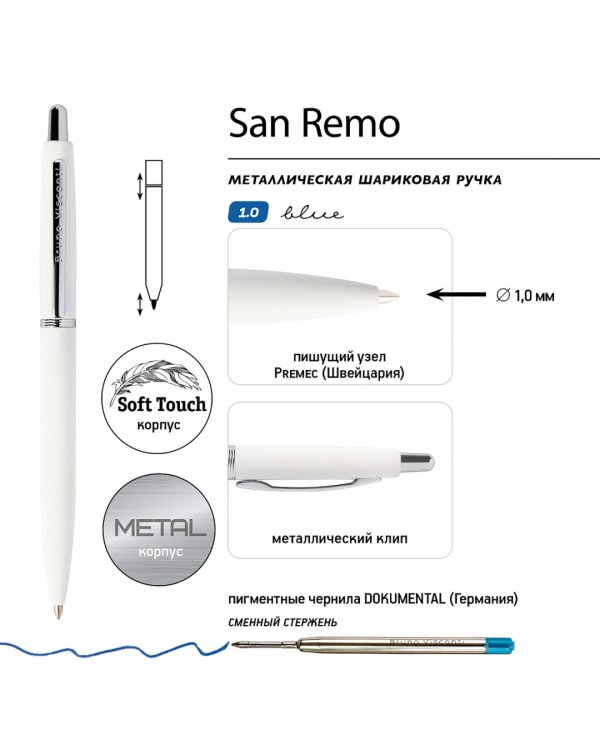 Ручка шариковая автоматическая San Remo, синяя, цвет корпуса белый, в футляре