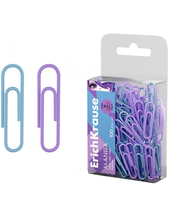 Скрепки металлические с виниловым покрытием Manga, 28 мм, 100 штук, ассорти