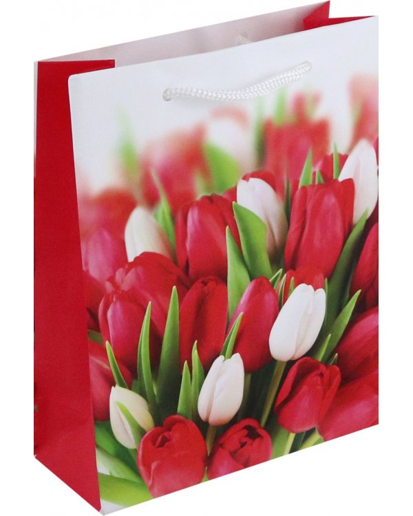 Пакет подарочный Красные и белые тюльпаны